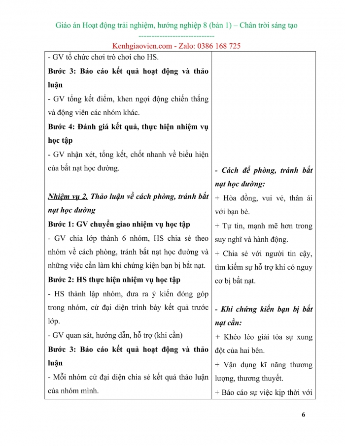 Giáo án kì 1 hoạt động trải nghiệm hướng nghiệp 8 chân trời sáng tạo bản 1