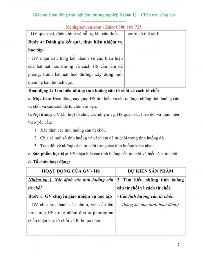 Giáo án kì 1 hoạt động trải nghiệm hướng nghiệp 8 chân trời sáng tạo bản 1