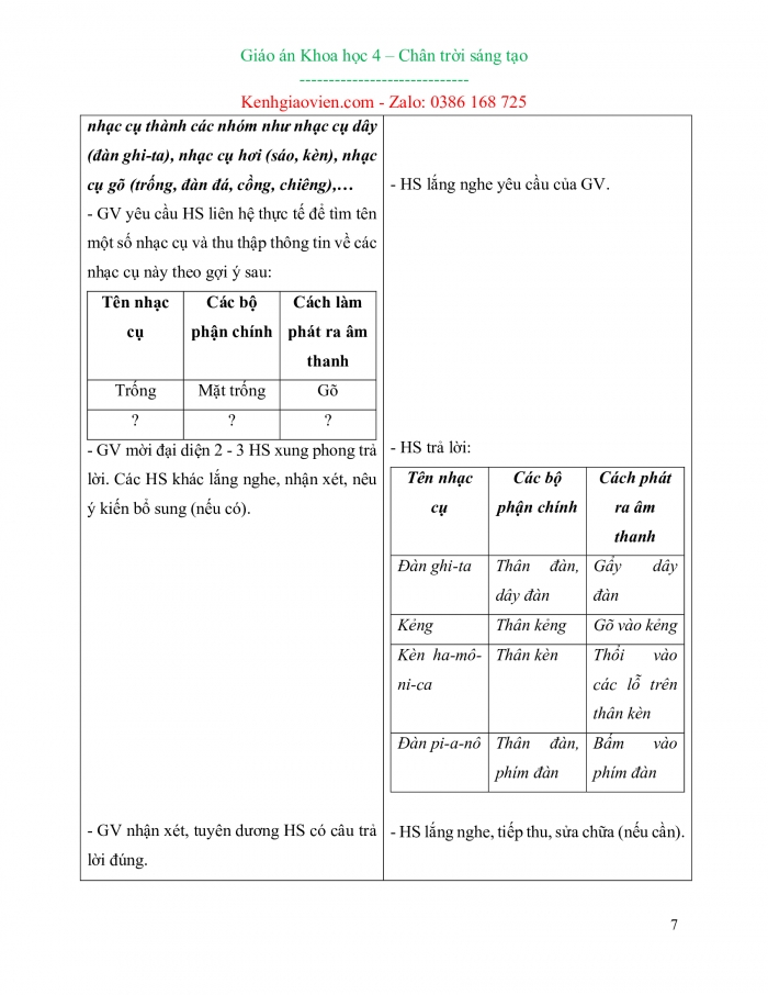 Giáo án kì 1 khoa học 4 chân trời sáng tạo