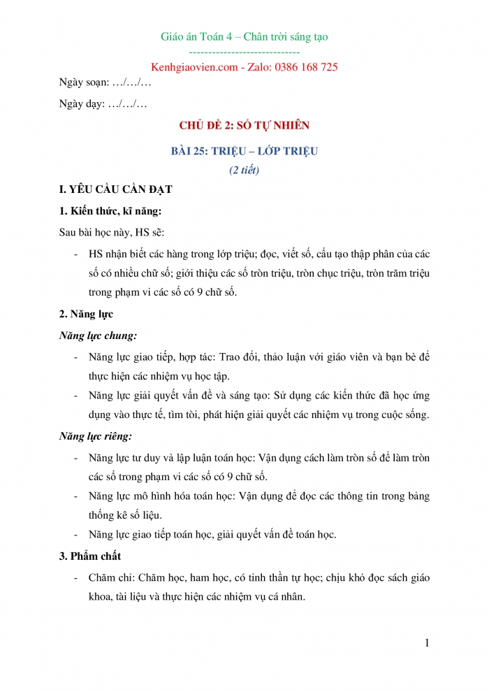 Giáo án kì 1 toán 4 chân trời sáng tạo