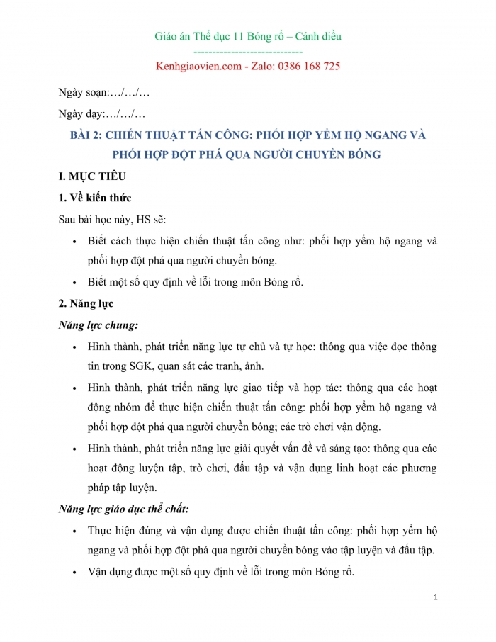 Giáo án kì 2 Thể dục 11 - Bóng rổ cánh diều