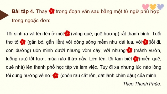 Giáo án điện tử Tiếng Việt 4 chân trời CĐ 6 Bài 8 Luyện từ và câu: Mở rộng vốn từ quê hương