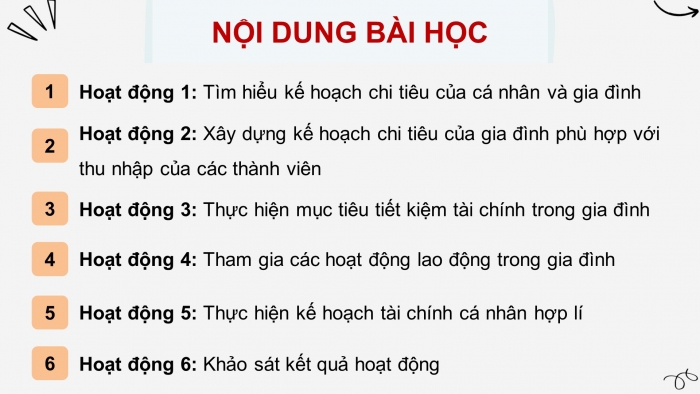 Giáo án điện tử Hoạt động trải nghiệm 11 bản 1 Chân trời Chủ đề 5: Xây dựng và thực hiện kế hoạch chi tiêu phù hợp (P2)