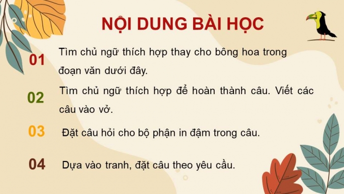 Giáo án điện tử Tiếng Việt 4 kết nối Bài 5 Luyện từ và câu: Luyện tập về chủ ngữ