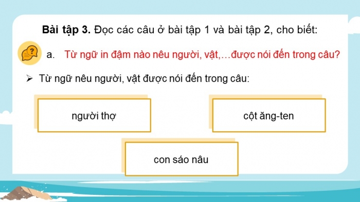 Giáo án điện tử Tiếng Việt 4 chân trời CĐ 5 Bài 3 Luyện từ và câu: Thành phần chính của câu