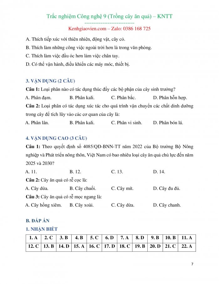 Trắc nghiệm Công nghệ 9 - Trồng cây ăn quả kết nối tri thức