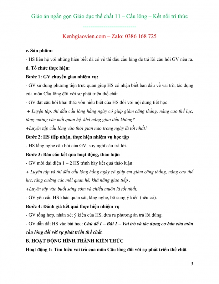 Giáo án ngắn gọn cầu lông 11 kết nối tri thức dùng để in