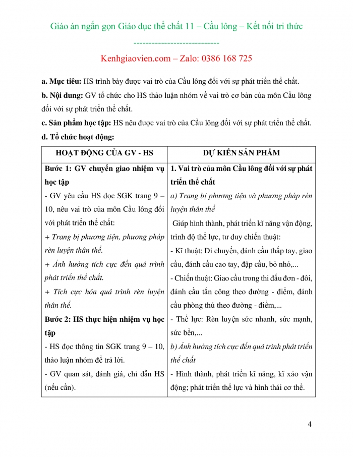 Giáo án ngắn gọn cầu lông 11 kết nối tri thức dùng để in