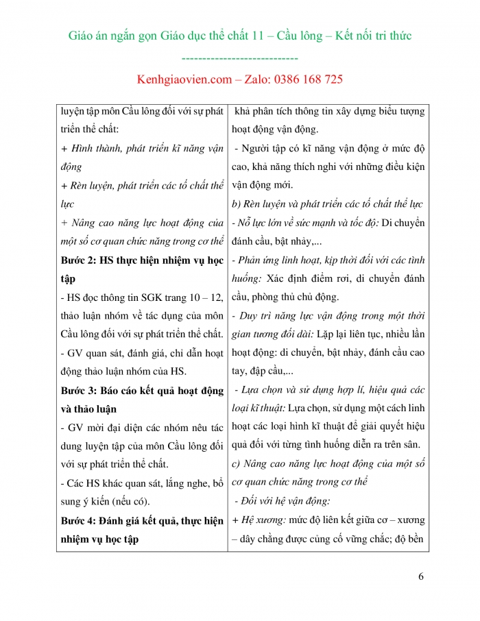 Giáo án ngắn gọn cầu lông 11 kết nối tri thức dùng để in