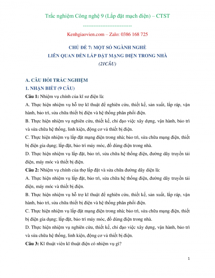 Trắc nghiệm Công nghệ 9 - Lắp đặt mạng điện trong nhà chân trời sáng tạo