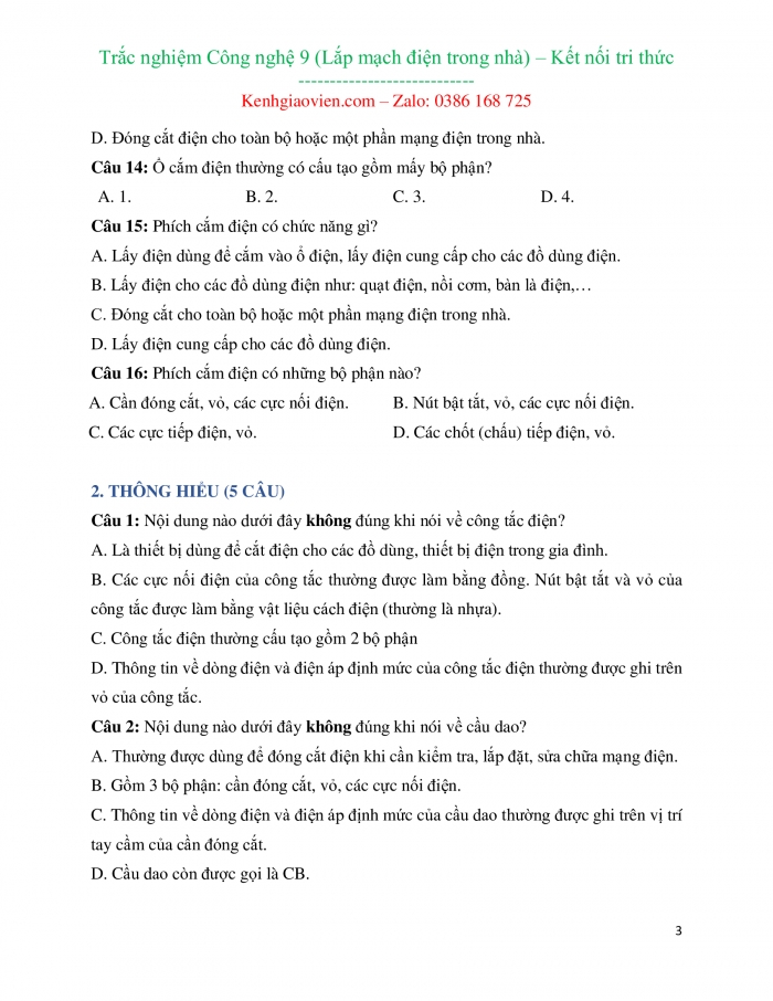Trắc nghiệm Công nghệ 9 - Lắp đặt mạng điện trong nhà kết nối tri thức
