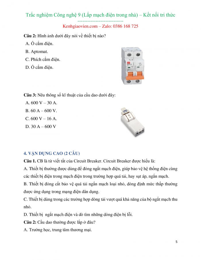 Trắc nghiệm Công nghệ 9 - Lắp đặt mạng điện trong nhà kết nối tri thức