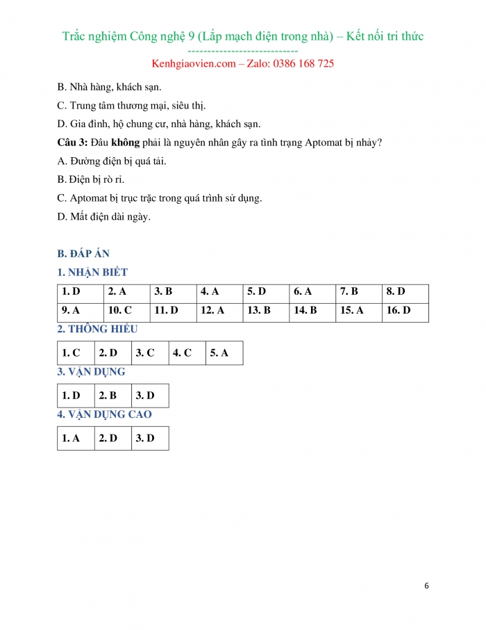 Trắc nghiệm Công nghệ 9 - Lắp đặt mạng điện trong nhà kết nối tri thức