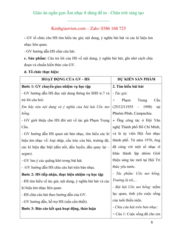 Giáo án ngắn gọn âm nhạc 8 chân trời sáng tạo dùng để in