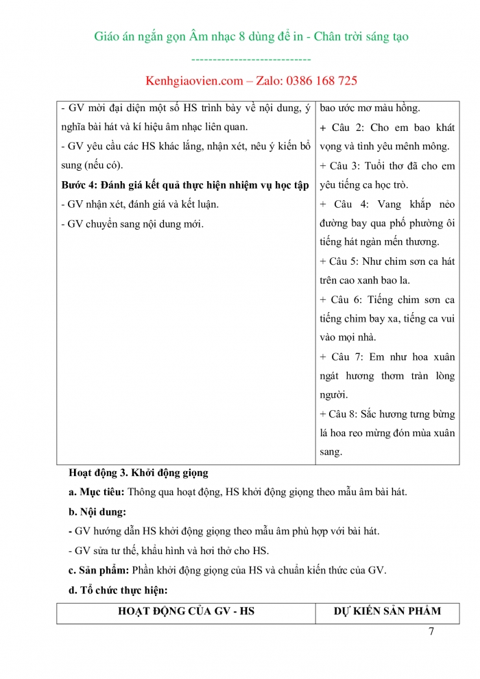 Giáo án ngắn gọn âm nhạc 8 chân trời sáng tạo dùng để in