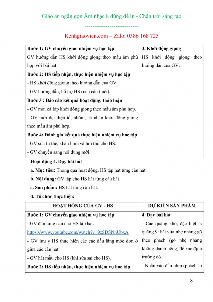 Giáo án ngắn gọn âm nhạc 8 chân trời sáng tạo dùng để in