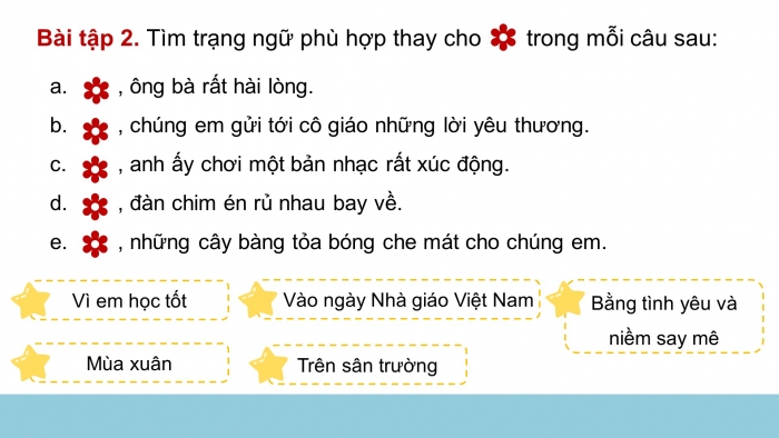 Giáo án điện tử Tiếng Việt 4 chân trời CĐ 8 Bài 4 Luyện từ và câu: Luyện tập về trạng ngữ