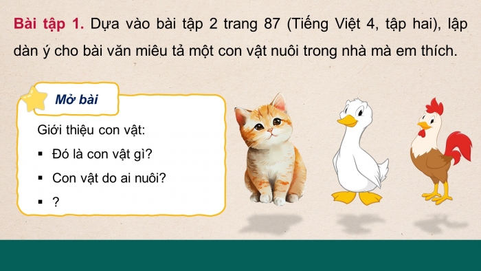 Giáo án điện tử Tiếng Việt 4 chân trời CĐ 7 Bài 3 Viết: Lập dàn ý cho bài văn miêu tả con vật
