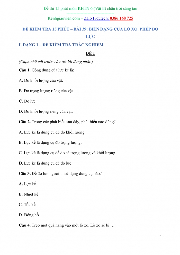 Đề kiểm tra 15 phút Vật lí 6 chân trời sáng tạo (có đáp án)