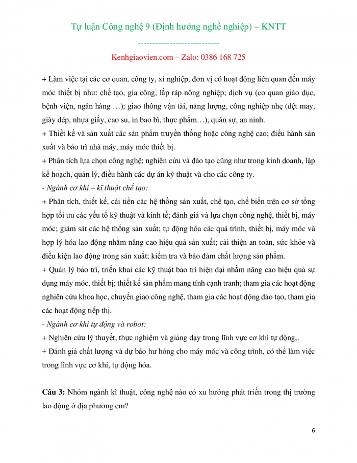 Câu hỏi và bài tập tự luận Công nghệ 9 - Định hướng nghề nghiệp kết nối tri thức