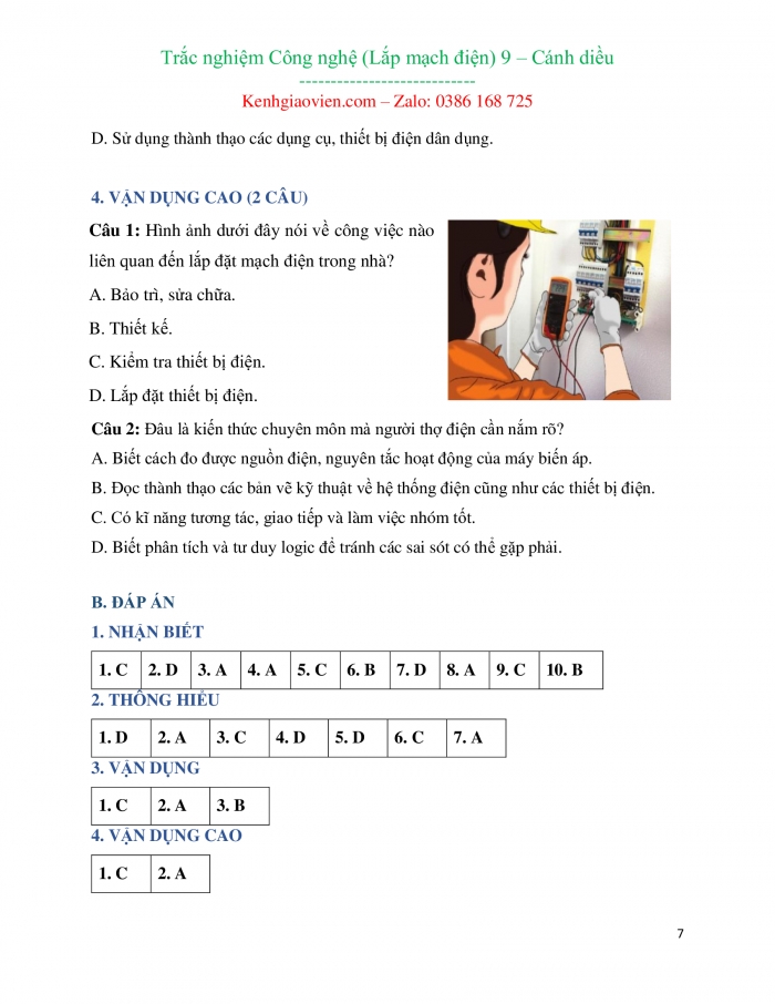 Trắc nghiệm Công nghệ 9 - Lắp đặt mạng điện trong nhà cánh diều