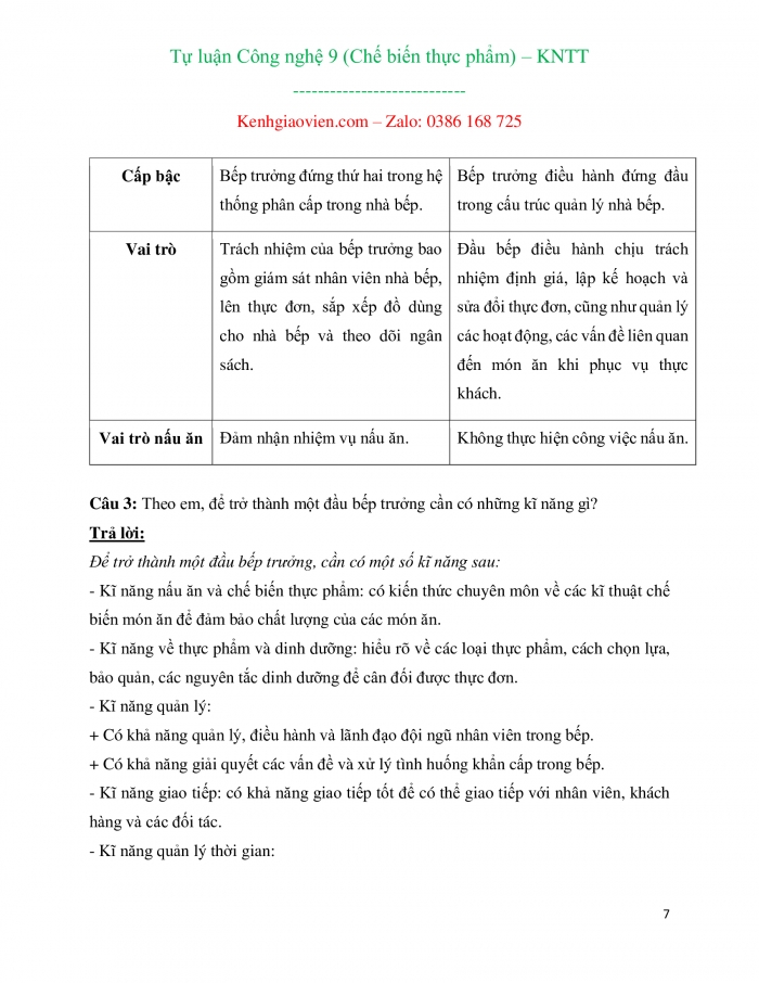 Câu hỏi và bài tập tự luận Công nghệ 9 - Chế biến thực phẩm kết nối tri thức