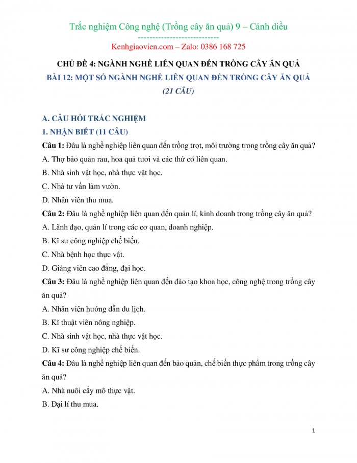 Trắc nghiệm Công nghệ 9 - Trồng cây ăn quả cánh diều