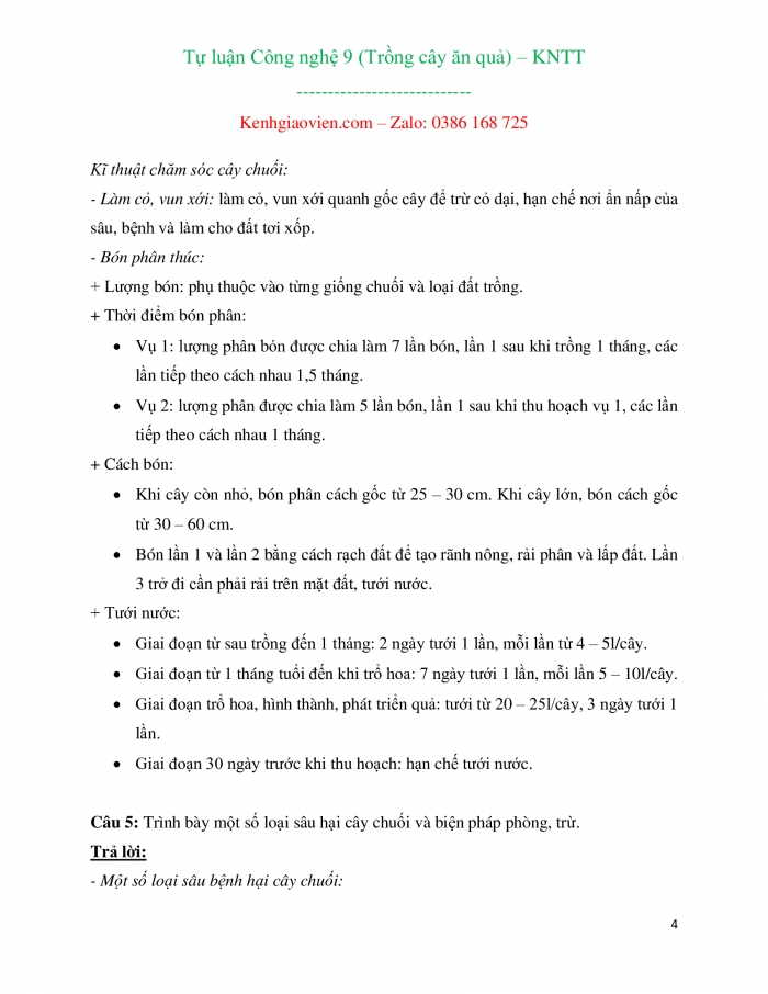 Câu hỏi và bài tập tự luận Công nghệ 9 - Trồng cây ăn quả kết nối tri thức