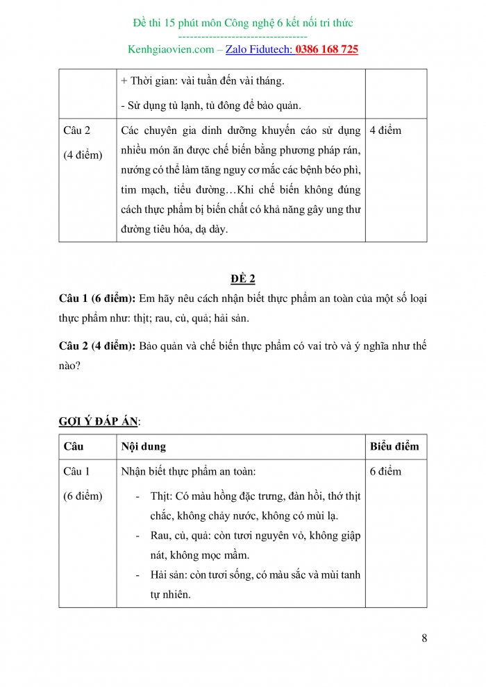 Đề kiểm tra 15 phút Công nghệ 6 kết nối tri thức (có đáp án)