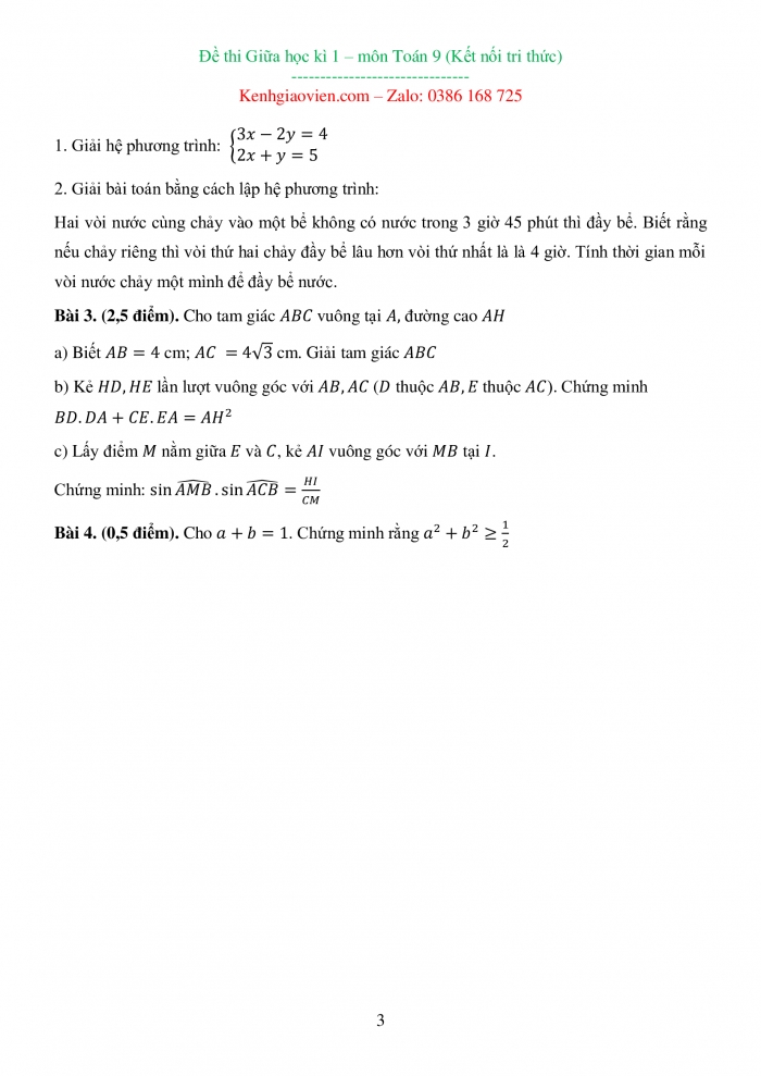 Đề thi toán 9 kết nối tri thức có ma trận