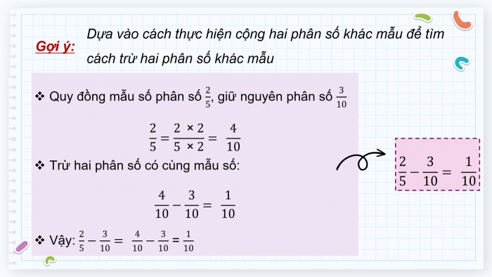 Giáo án điện tử Toán 4 cánh diều Bài 77: Trừ các phân số khác mẫu số