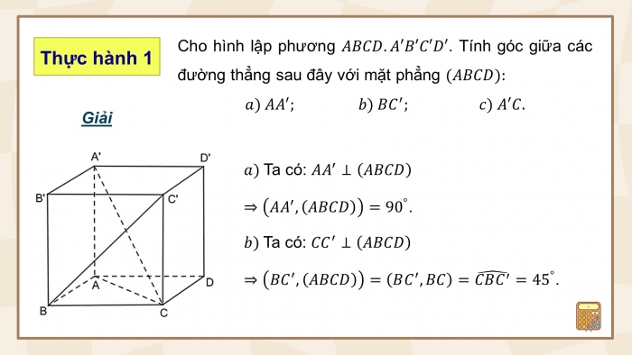 Giáo án điện tử Toán 11 chân trời Chương 8 Bài 5: Góc giữa đường thẳng và mặt phẳng. Góc nhị diện