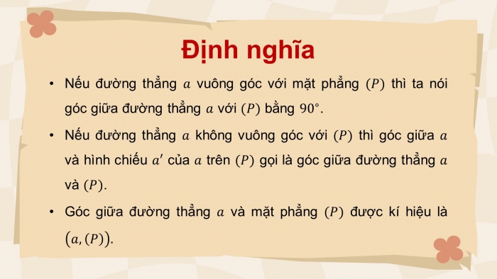 Giáo án điện tử Toán 11 chân trời Chương 8 Bài 5: Góc giữa đường thẳng và mặt phẳng. Góc nhị diện