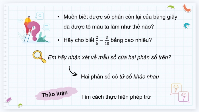 Giáo án điện tử Toán 4 cánh diều Bài 77: Trừ các phân số khác mẫu số