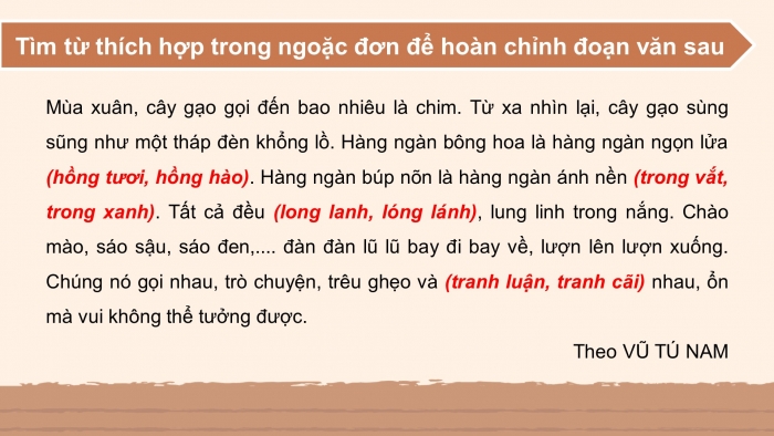Giáo án điện tử Tiếng Việt 4 cánh diều Bài 17 Luyện từ và câu 1: Luyện tập về lựa chọn từ ngữ