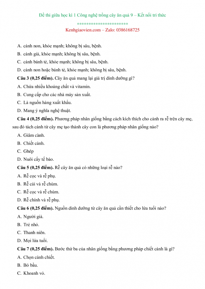 Đề thi Công nghệ 9 - Trồng cây ăn quả kết nối tri thức có ma trận