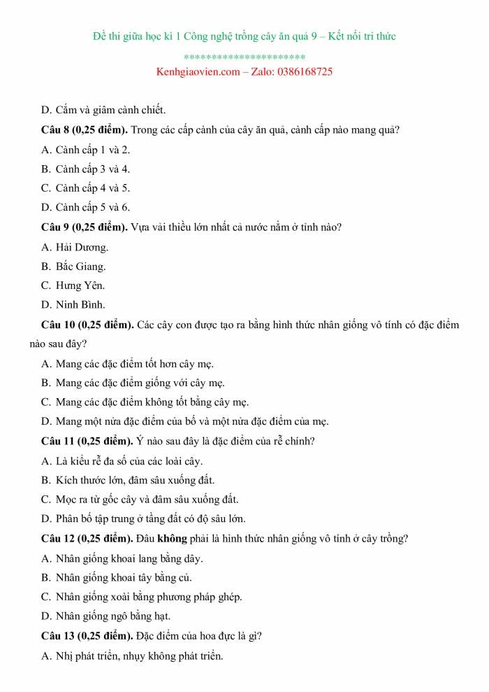 Đề thi Công nghệ 9 - Trồng cây ăn quả kết nối tri thức có ma trận