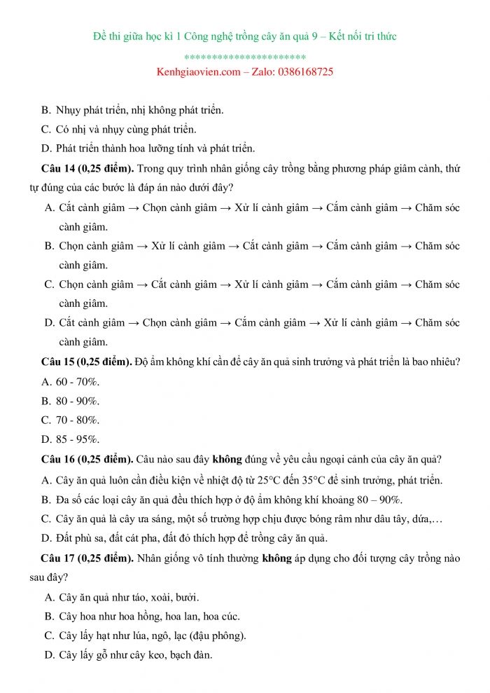 Đề thi Công nghệ 9 - Trồng cây ăn quả kết nối tri thức có ma trận