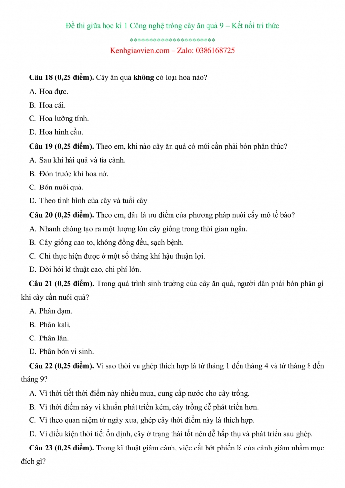 Đề thi Công nghệ 9 - Trồng cây ăn quả kết nối tri thức có ma trận