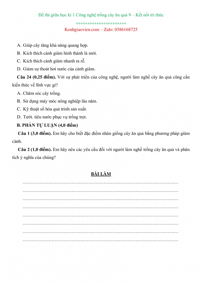 Đề thi Công nghệ 9 - Trồng cây ăn quả kết nối tri thức có ma trận