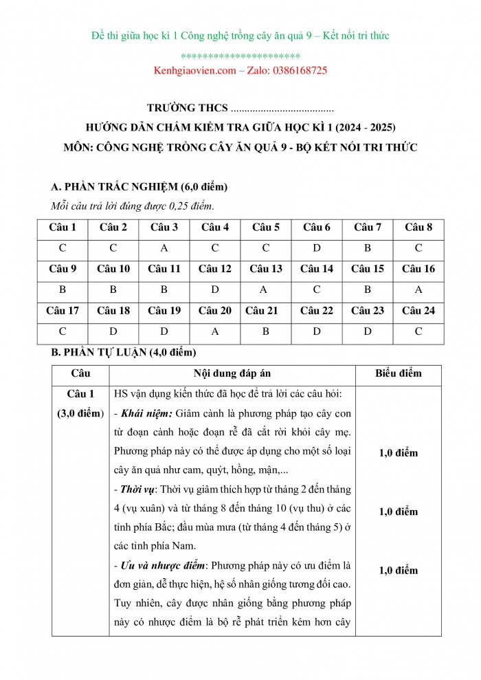 Đề thi Công nghệ 9 - Trồng cây ăn quả kết nối tri thức có ma trận