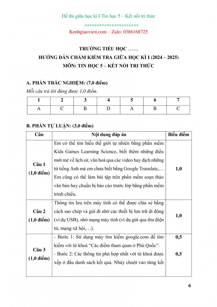 Đề thi tin học 5 kết nối tri thức có ma trận