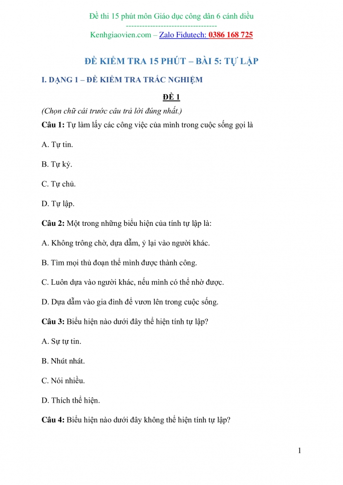 Đề kiểm tra 15 phút Công dân 6 cánh diều (có đáp án)