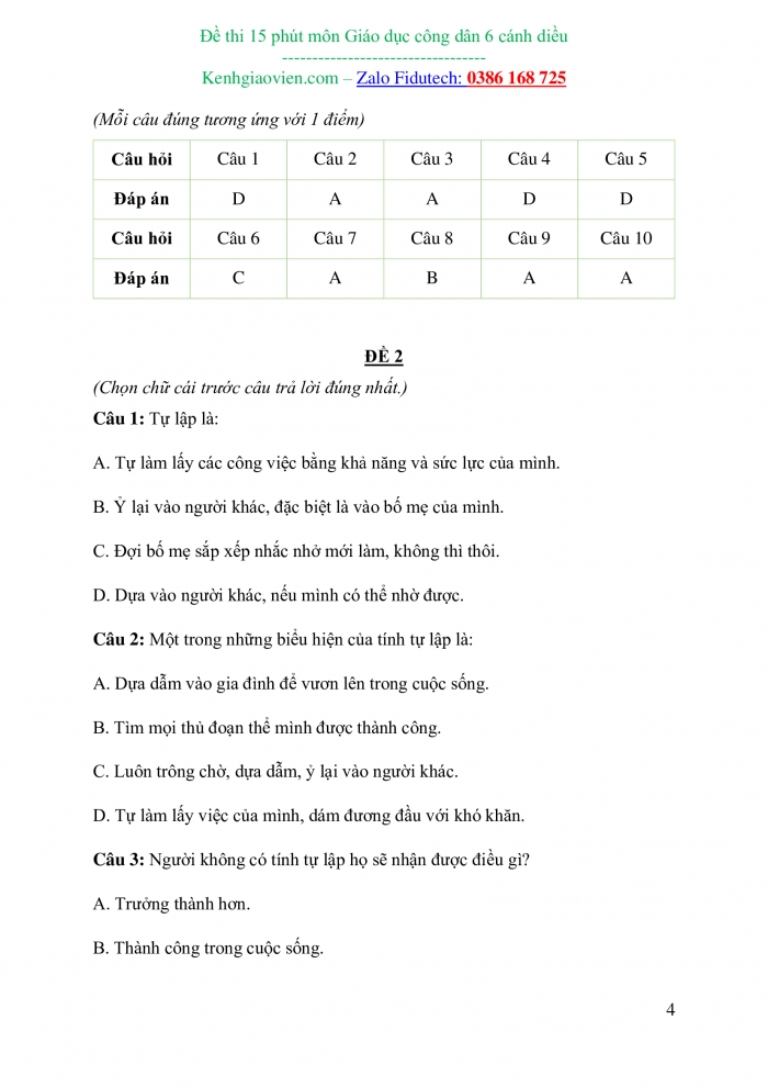 Đề kiểm tra 15 phút Công dân 6 cánh diều (có đáp án)