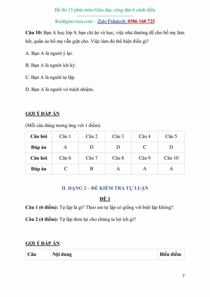 Đề kiểm tra 15 phút Công dân 6 cánh diều (có đáp án)