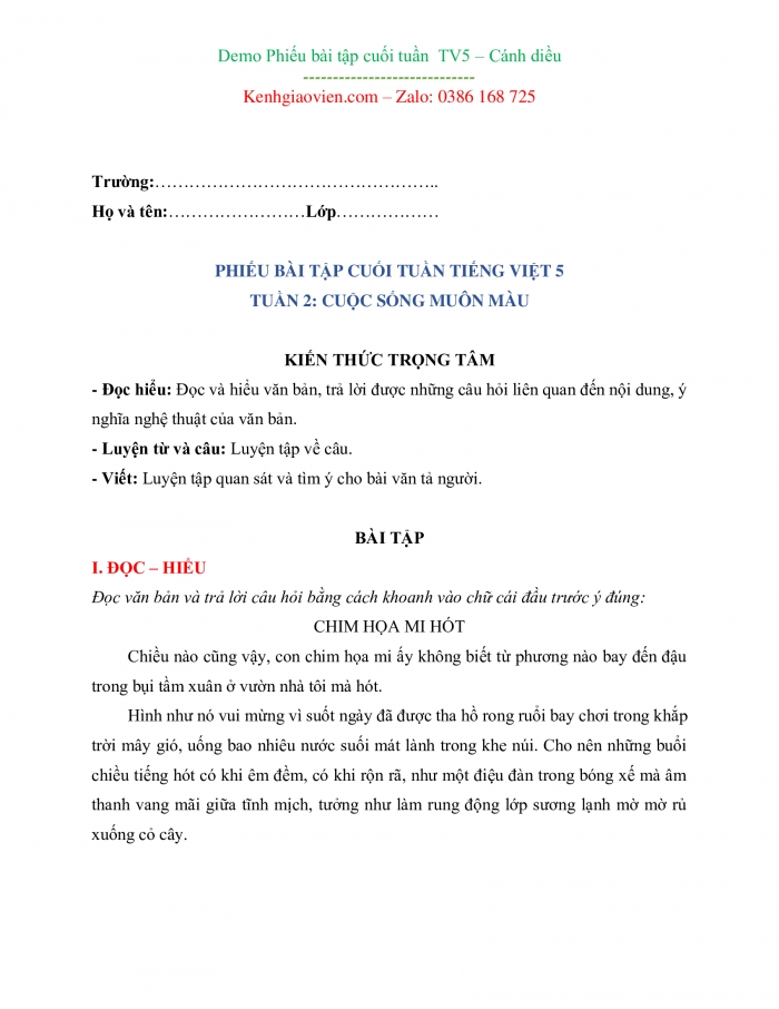 Phiếu bài tập tuần tiếng Việt 5 cánh diều