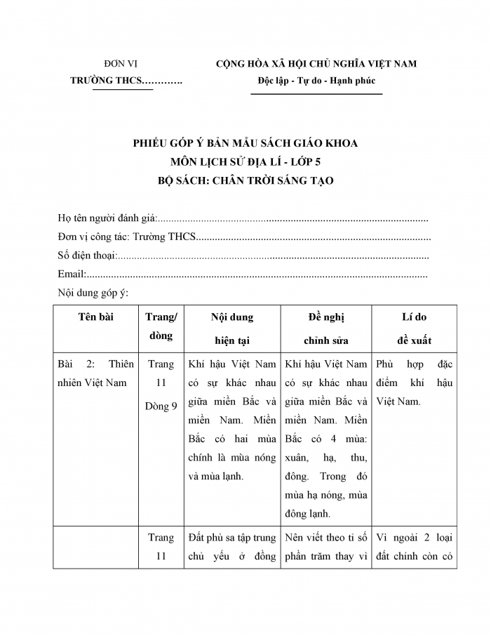 Phiếu góp ý Bản mẫu sách giáo khoa Lịch sử và Địa lí 5 chân trời sáng tạo