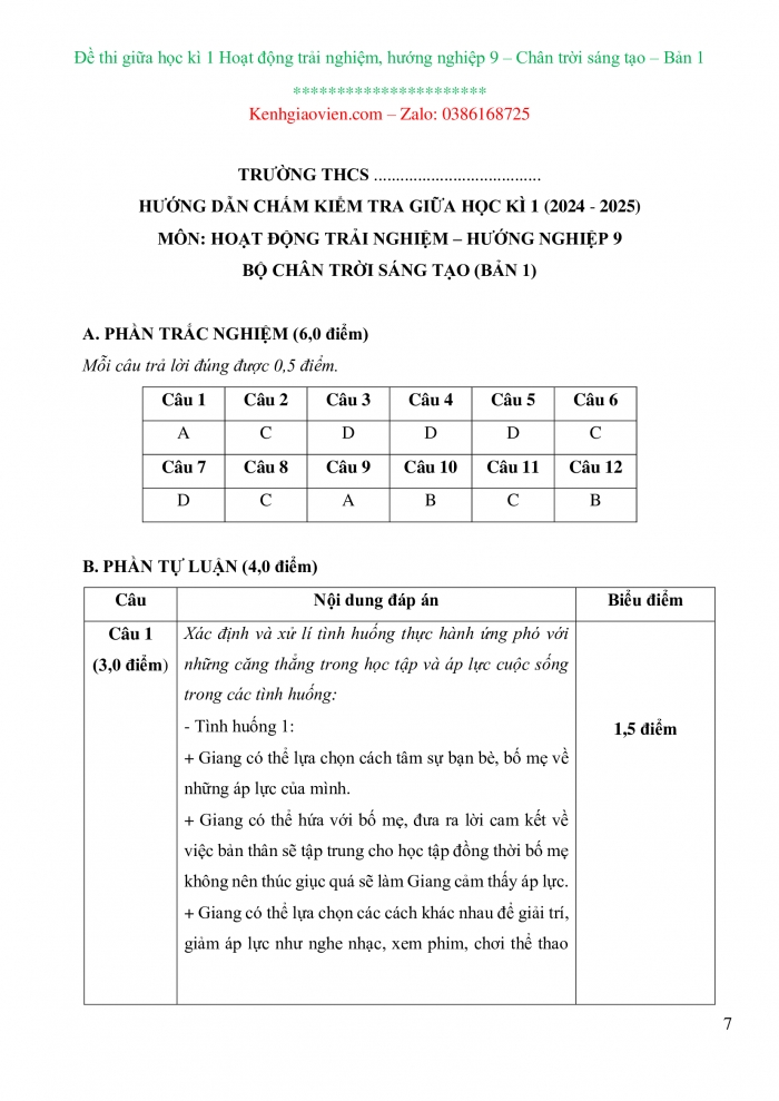 Đề thi hoạt động trải nghiệm 9 chân trời sáng tạo bản 1 có ma trận