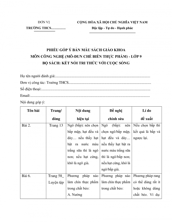 Phiếu góp ý Bản mẫu sách giáo khoa Công nghệ 9 - Chế biến thực phẩm kết nối tri thức