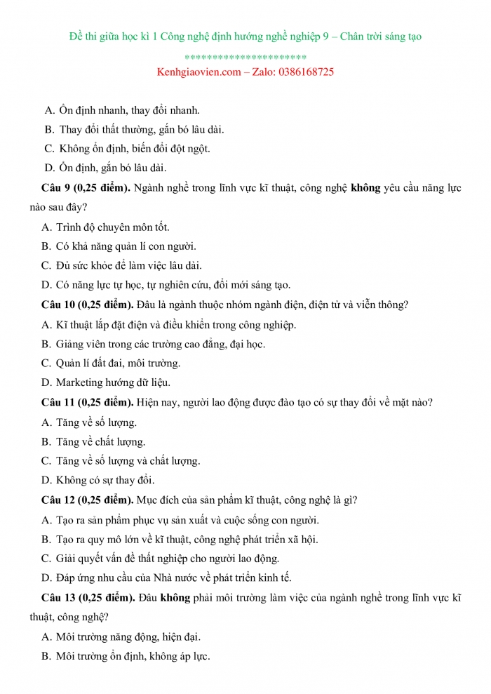 Đề thi Công nghệ 9 - Định hướng nghề nghiệp chân trời sáng tạo có ma trận